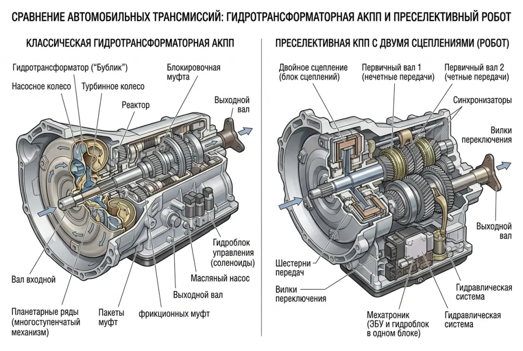 Схема сравнения классического автомата и роботизированной коробки передач Схема сравнения классического автомата и роботизированной коробки передач